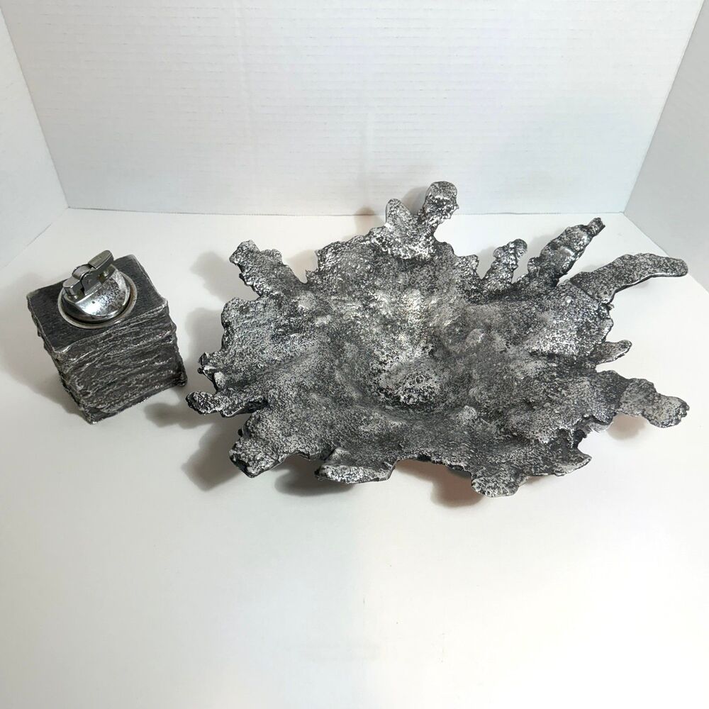 Vintage Mid-Century Modern Brutalist Spill-Cast Aluminum Bowl Table Lighter Set
